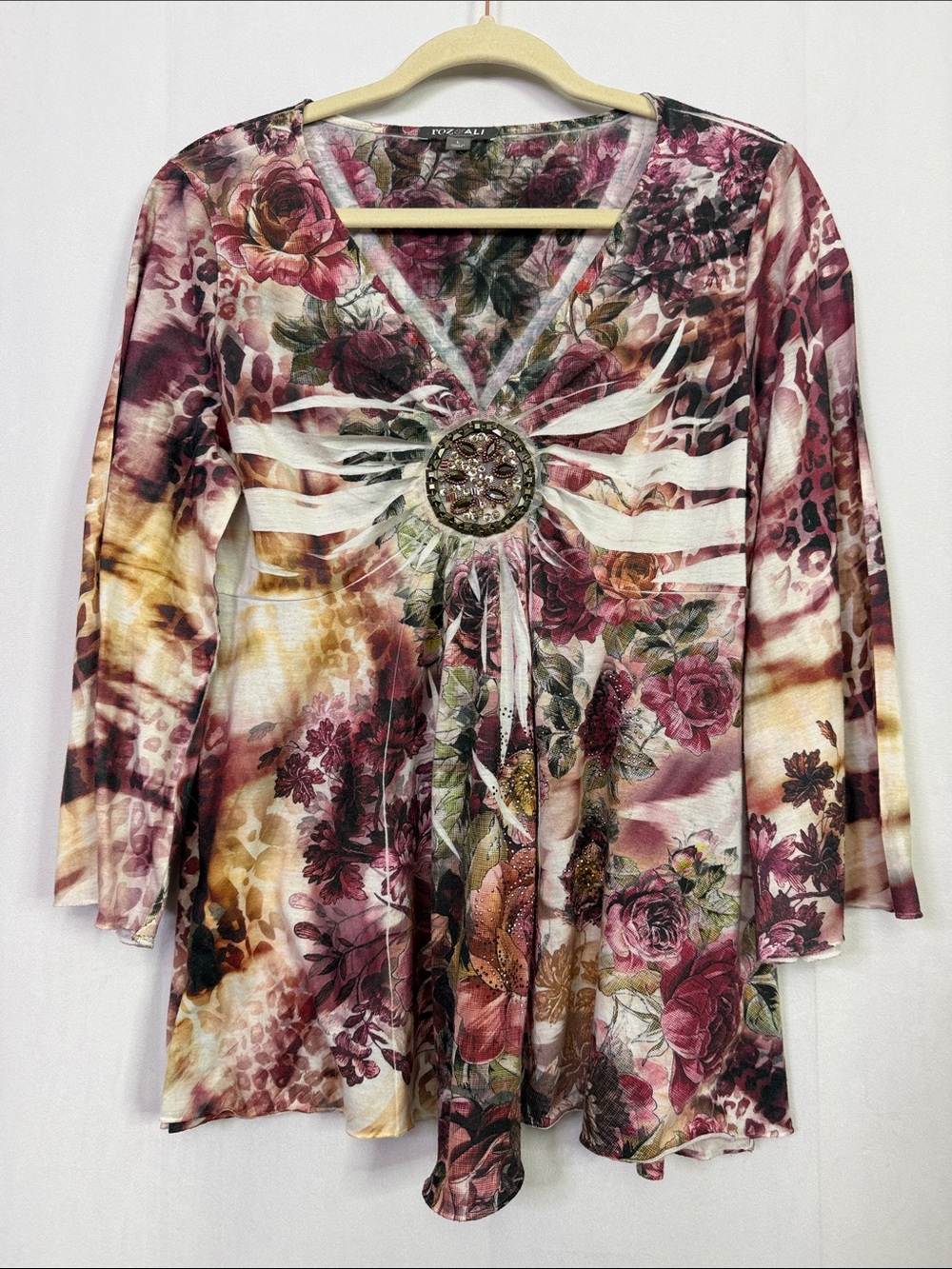 ROZ & ALI Floral Embellished V-Neck Tunic with Jeweled Medallion